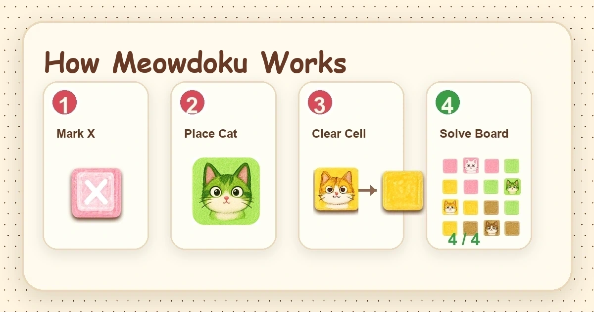 Meowdoku visual how-to guide with four puzzle actions